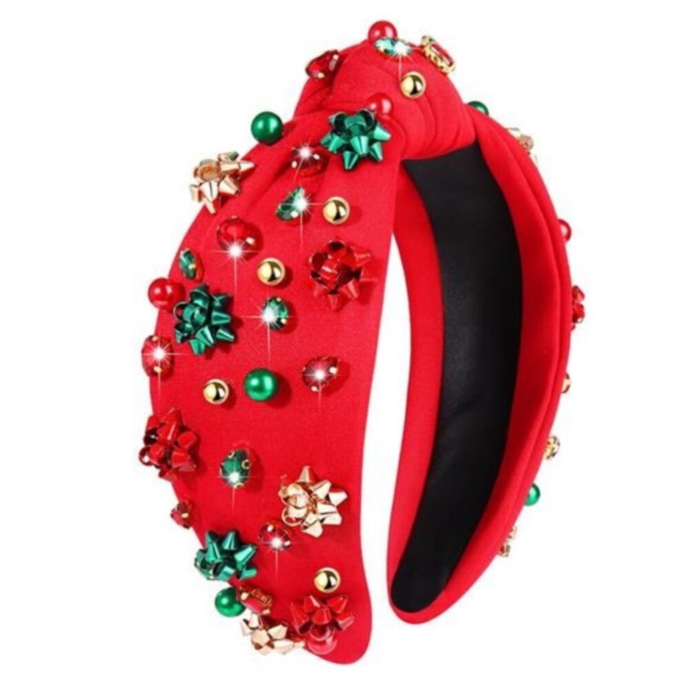 Christmas Headband Women's Jeweled Xmas Plaid Headband Embellished Crystal Pearl